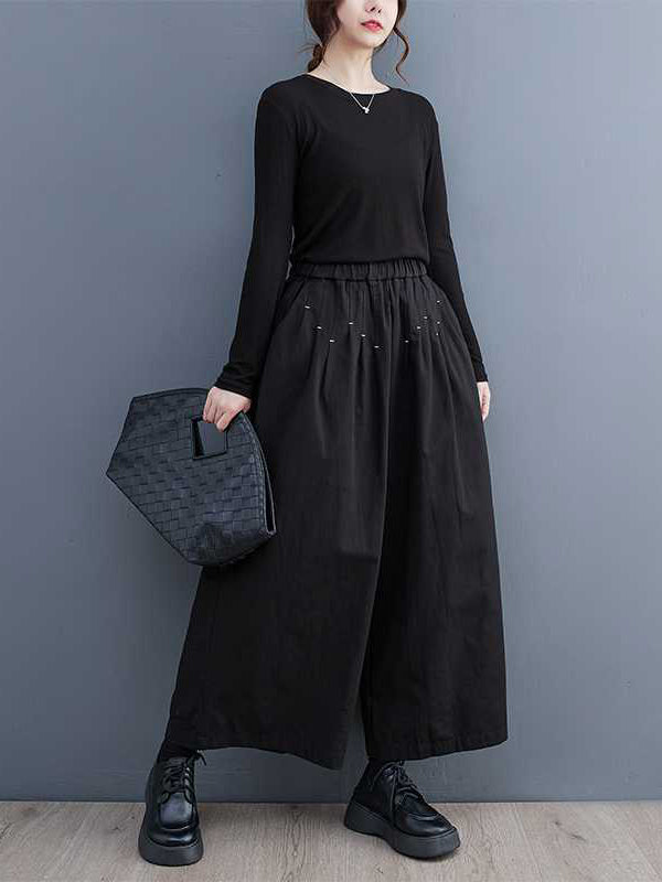 xakxx Loose Wide Leg Elasticity Embroidered Pleated Ninth Pants Trousers