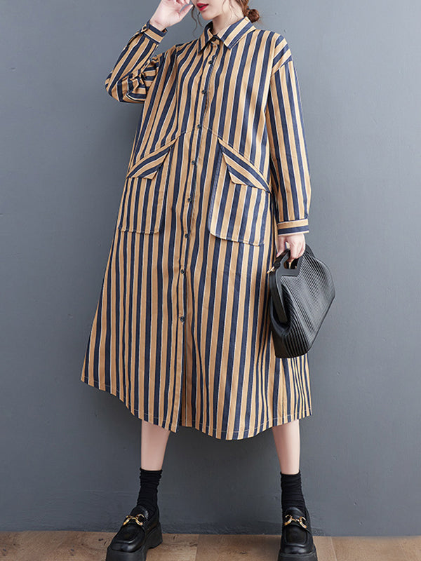 xakxx Original Loose Long Sleeves Buttoned Striped Lapel Collar Midi Shirt Dresses