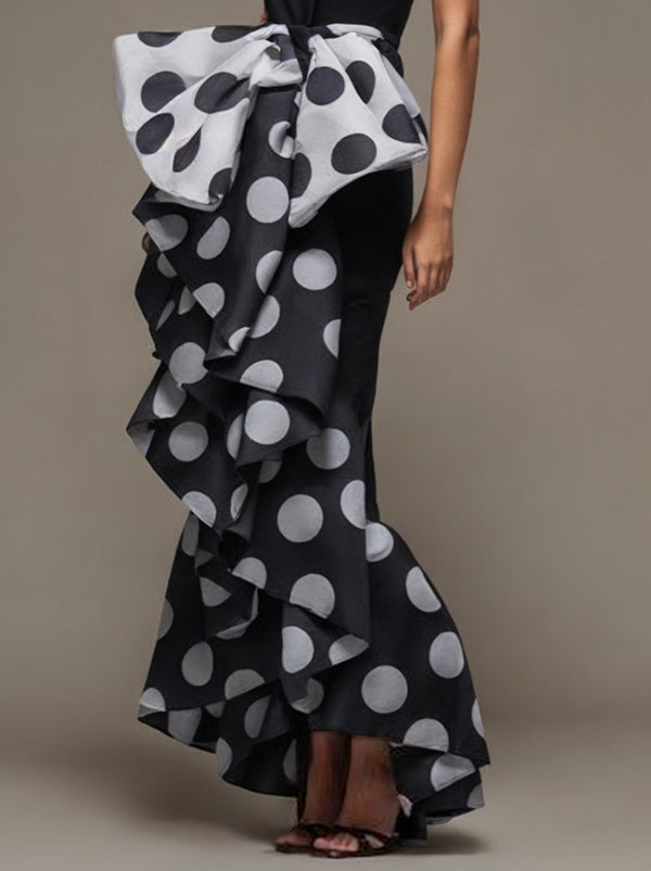 xakxx Skinny Sleeveless Bow-Embellished Pleated Polka-Dot Split-Joint Tube Maxi Dresses