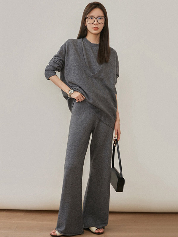 xakxx xakxx-Urban Loose Solid Round-Neck Vest Top& V-Neck Sweater Tops& Wide Leg Pants Three-Piece Set