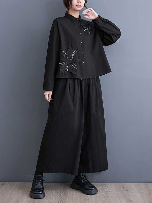xakxx Long Sleeves Loose Applique Buttoned Embroidered Lapel Blouses&Shirts Tops