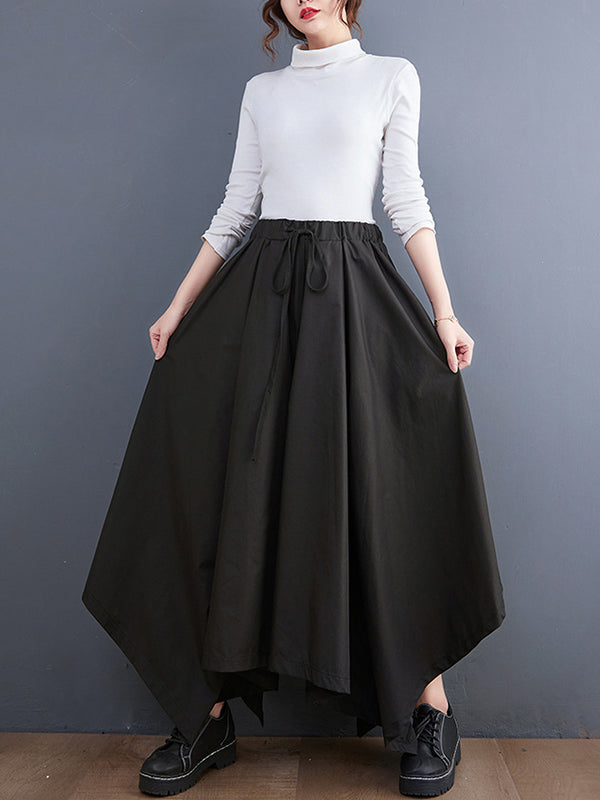 xakxx Cropped A-Line Drawstring Solid Color Pants Culotte