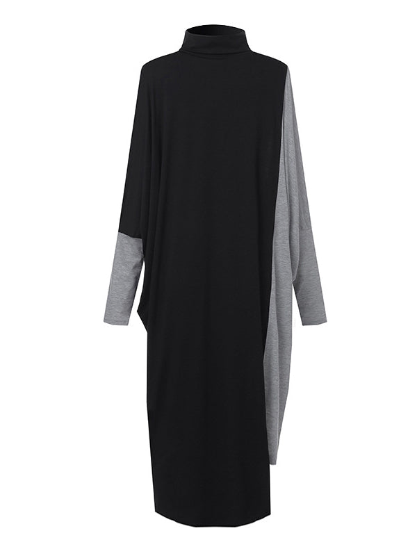 xakxx Casual Loose Split-Joint Contrast Color High-Neck Long Sleeves Dress