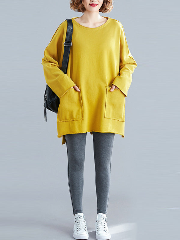 xakxx High-Low Long Sleeves Pockets Solid Color Split-Joint Split-Side Round-Neck Sweatshirt Tops