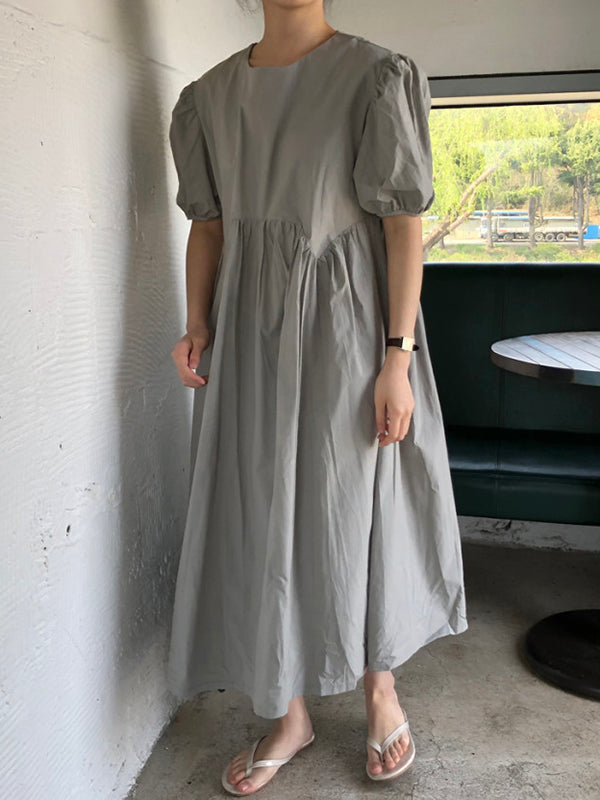 xakxx Original Loose Solid Color Pleated Puff Sleeves Midi Dress