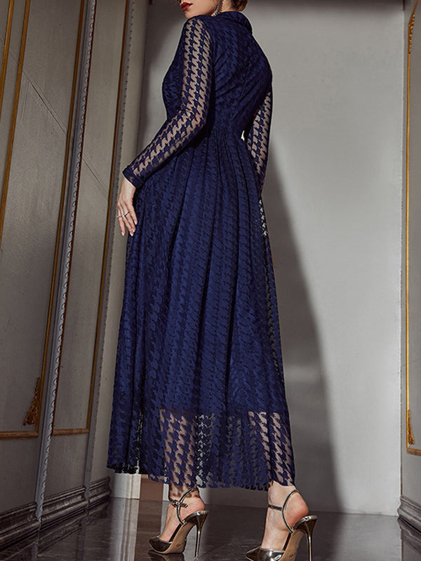 xakxx High Waisted Long Sleeves Buttoned Gauze See-Through Solid Color V-Neck Maxi Dresses