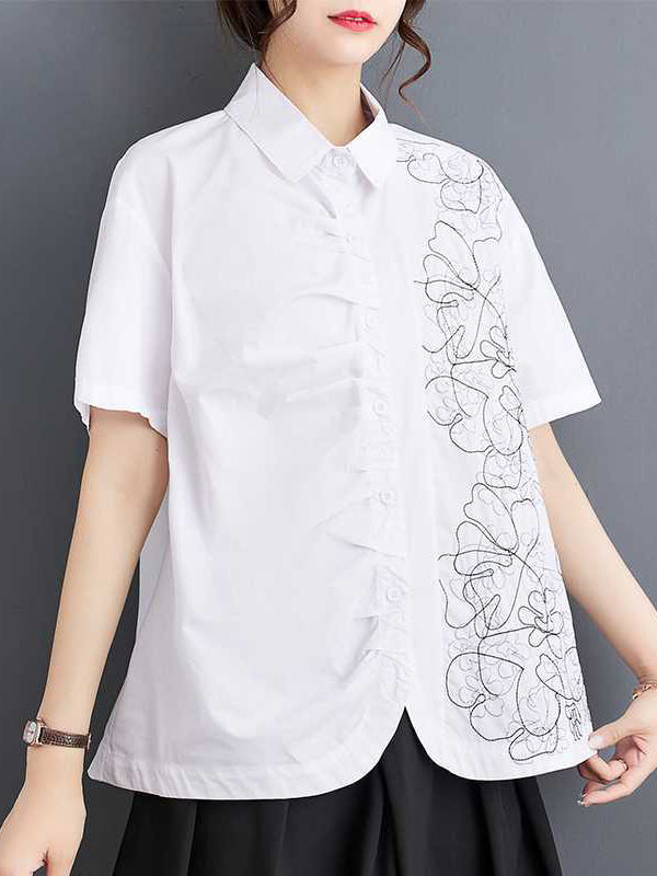 xakxx Irregularity Loose Buttoned Embroidered Pleated Lapel Collar Blouses&Shirts Tops