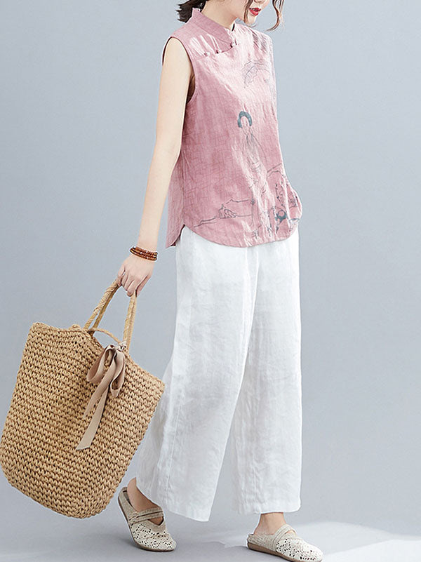xakxx Artistic Retro Chinese-Style Printed Buttoned Stand Collar Sleeveless Vest