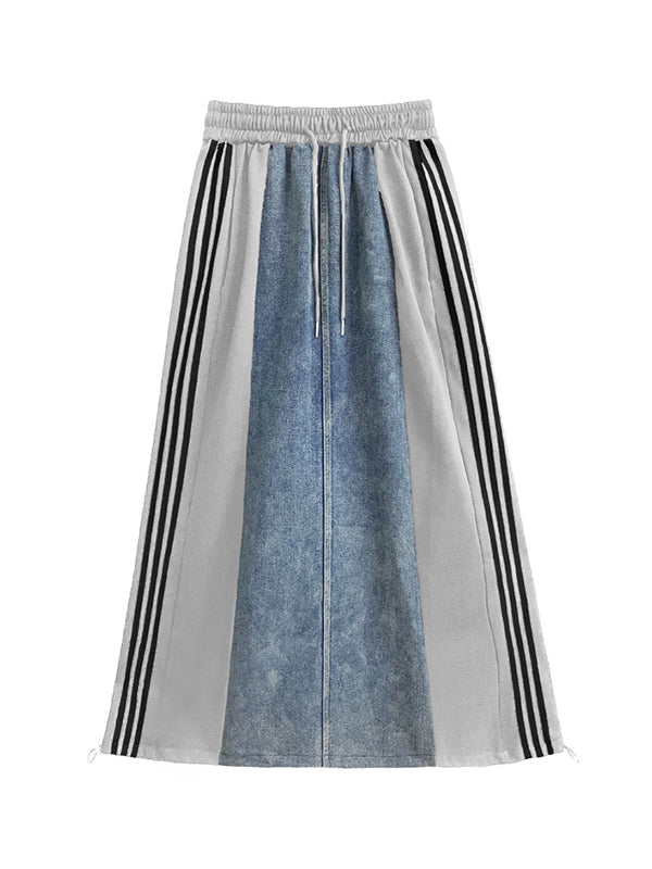xakxx A-Line Loose Contrast Color Drawstring Split-Joint Striped Skirts Bottoms