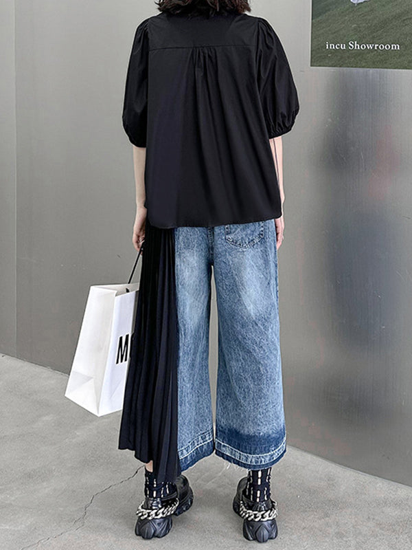 xakxx Loose Ninth Pants Contrast Color Pleated Split-Joint Jean Pants Bottoms