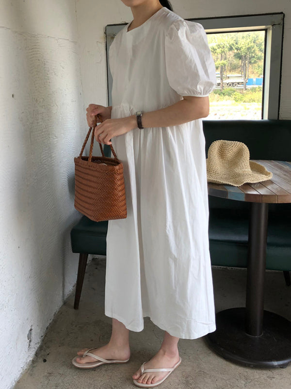 xakxx Original Loose Solid Color Pleated Puff Sleeves Midi Dress