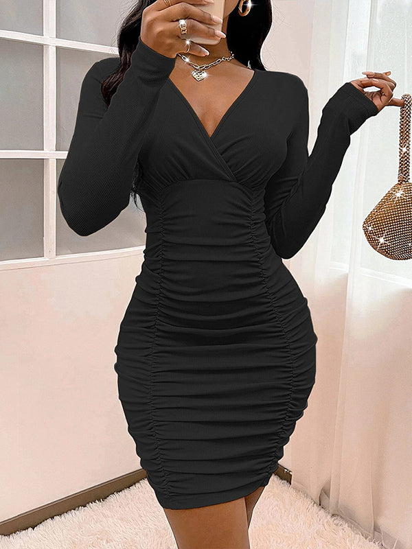 xakxx High Waisted Long Sleeves Pleated Solid Color Deep V-Neck Mini Dresses