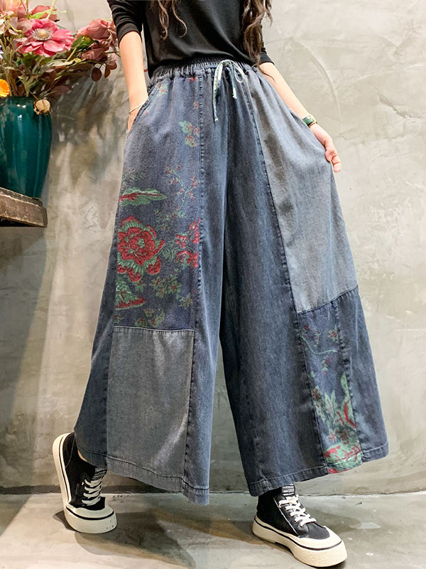 xakxx Casual Wide Leg Loose Color-Block Bandage Embroidered Jean Pants Bottoms