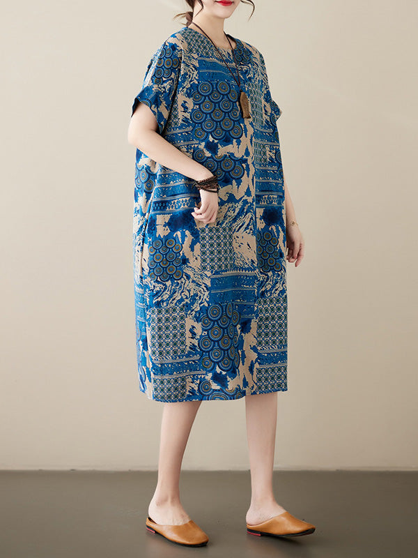 xakxx Original Loose Short Sleeves Contrast Color Printed Round-Neck Midi Dresses