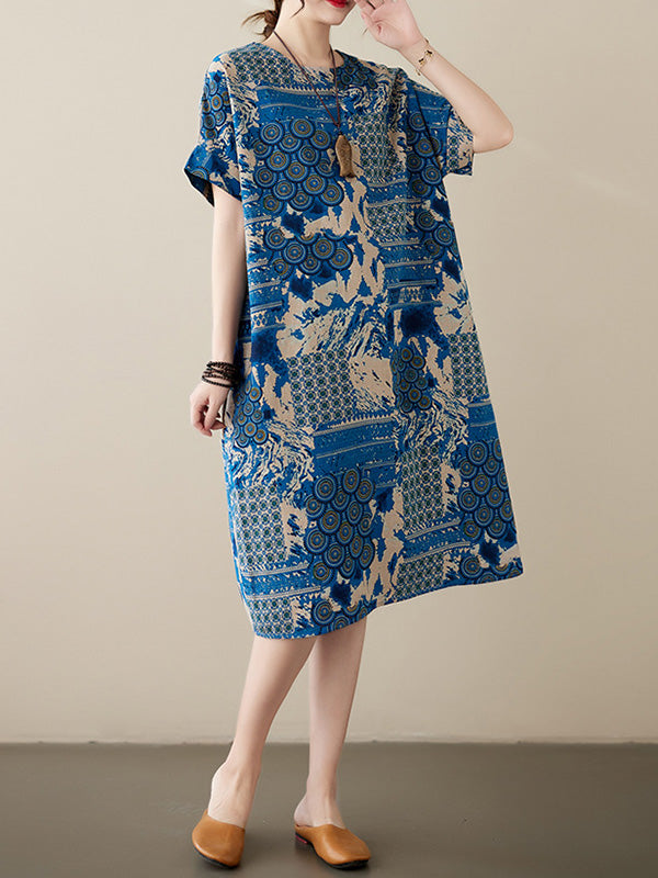 xakxx Original Loose Short Sleeves Contrast Color Printed Round-Neck Midi Dresses