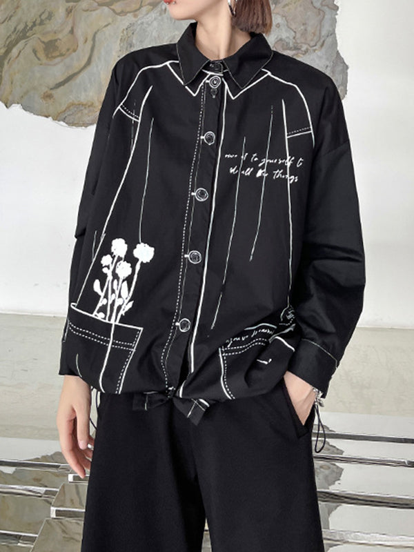 xakxx Casual Contrast Color Printed Drawstring Blouse Top