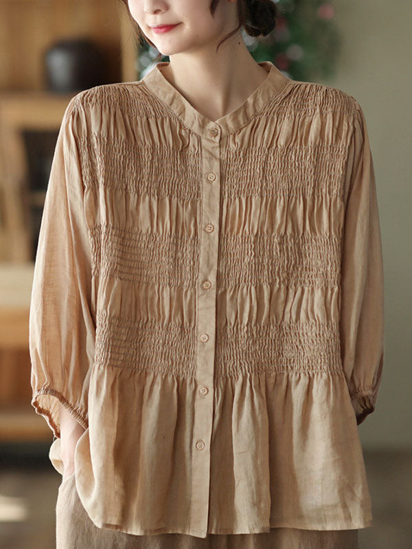 xakxx Loose Three-Quarter Sleeves Pleated Solid Color Split-Joint Stand Collar Blouses&Shirts Tops