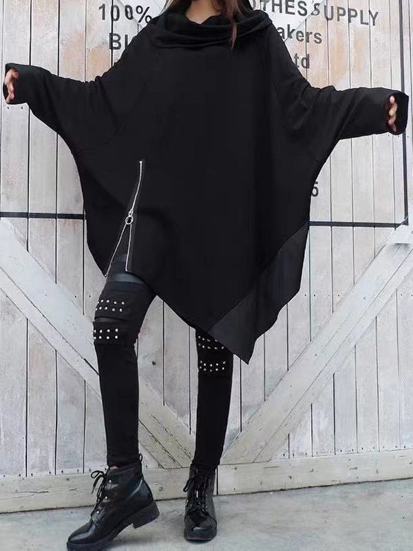 xakxx Batwing Sleeves Loose Asymmetric Split-Joint Zipper Heaps Collar Sweatershirt