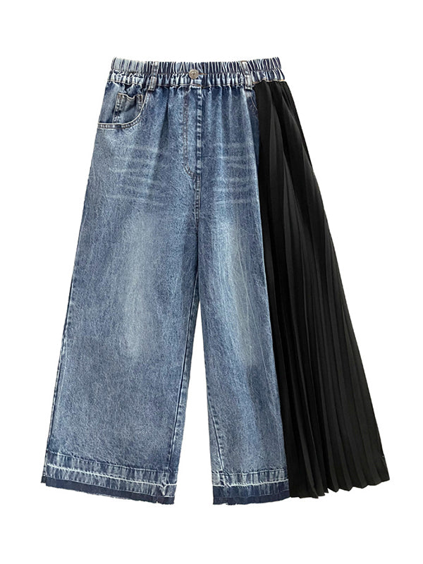 xakxx Loose Ninth Pants Contrast Color Pleated Split-Joint Jean Pants Bottoms