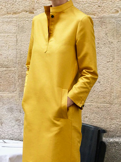 xakxx Long Sleeves Loose Solid Color Split-Side Stand Collar Midi Dresses