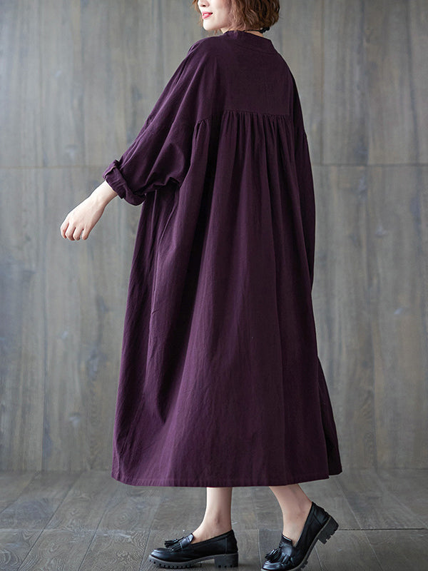 xakxx Loose Puff Sleeves Pleated Solid Color Stand Collar Midi Dresses