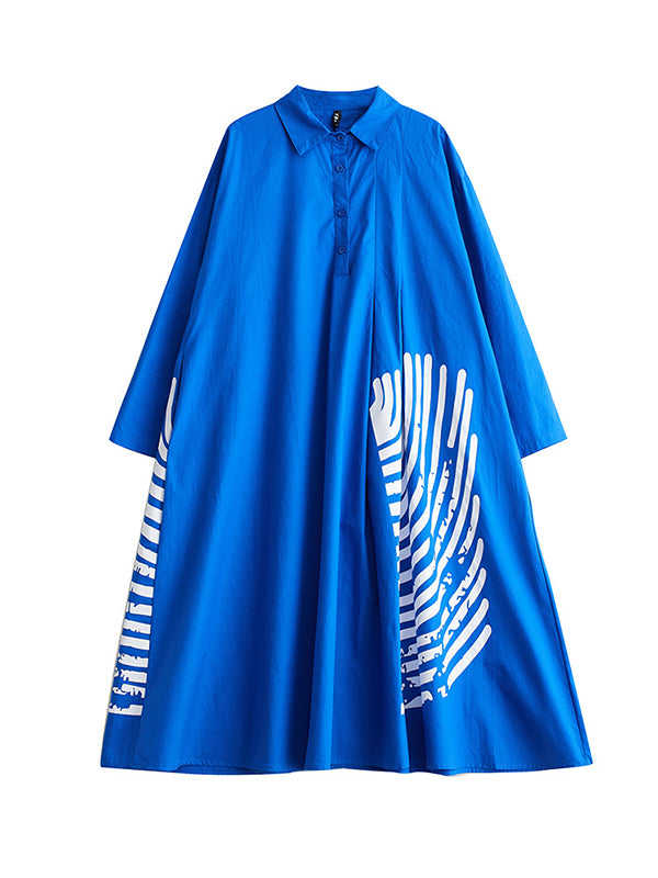 xakxx A-Line Long Sleeves Asymmetric Buttoned Pleated Printed Split-Joint Lapel Midi Dresses Shirt Dress