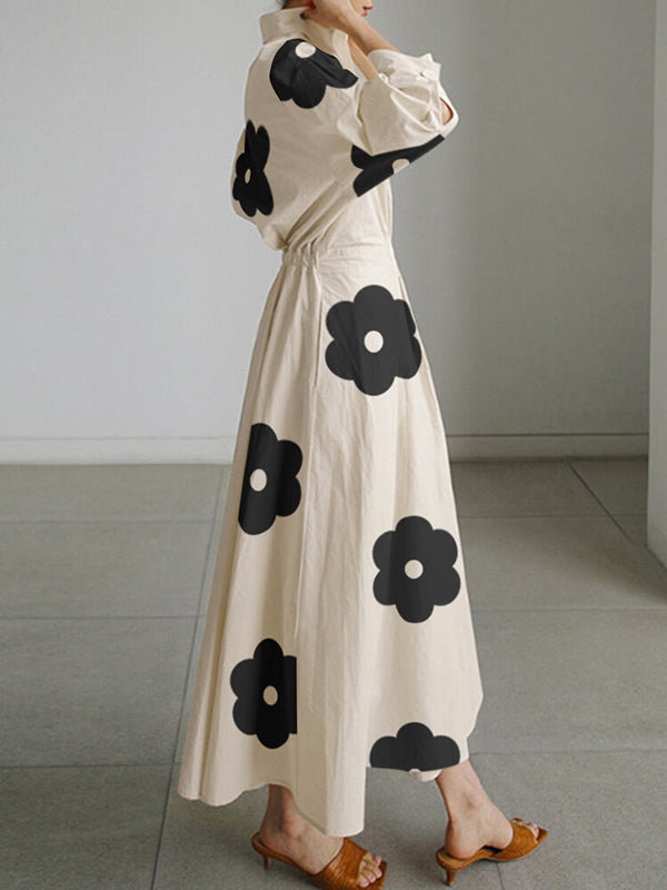 xakxx Long Sleeves Loose Contrast Color Floral Printed Pleated Tied Waist Lapel Shirt Dress
