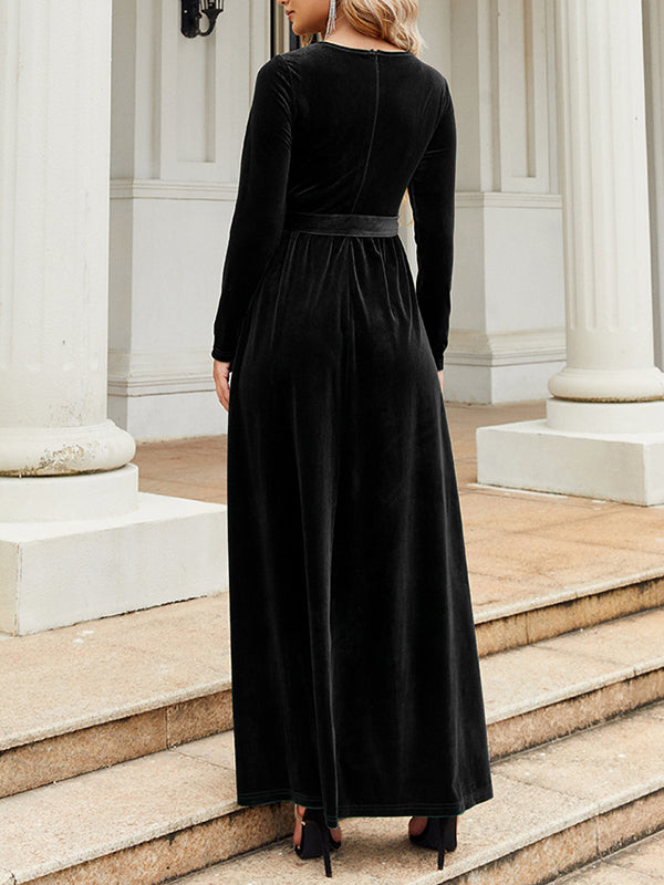xakxx Long Sleeves Wrap Belted Pleated Solid Color Zipper Round-Neck Maxi Dresses