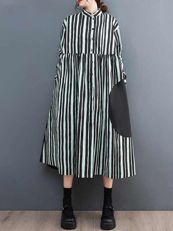 xakxx Long Sleeves Loose Buttoned Split-Joint Striped Mock Neck Midi Dresses