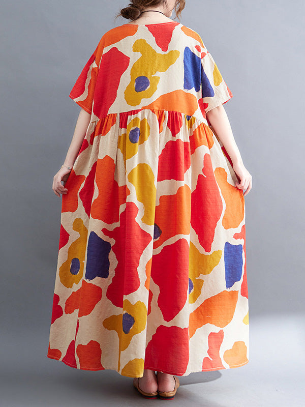 xakxx Artistic Retro Short Sleeves Loose Contrast Color Printed Round-Neck Midi Dresses