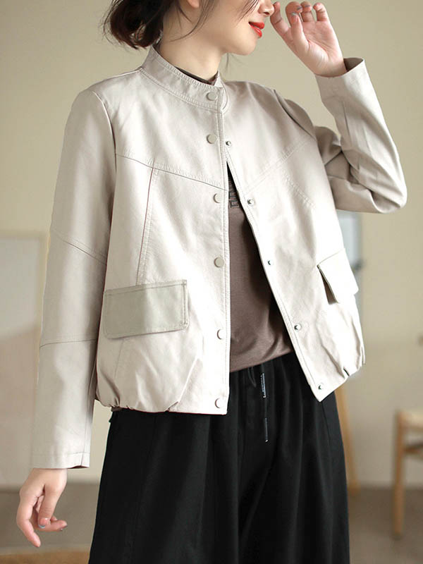 xakxx Long Sleeves Loose Buttoned Pleated Pockets Split-Joint Stand Collar Jackets Outerwear
