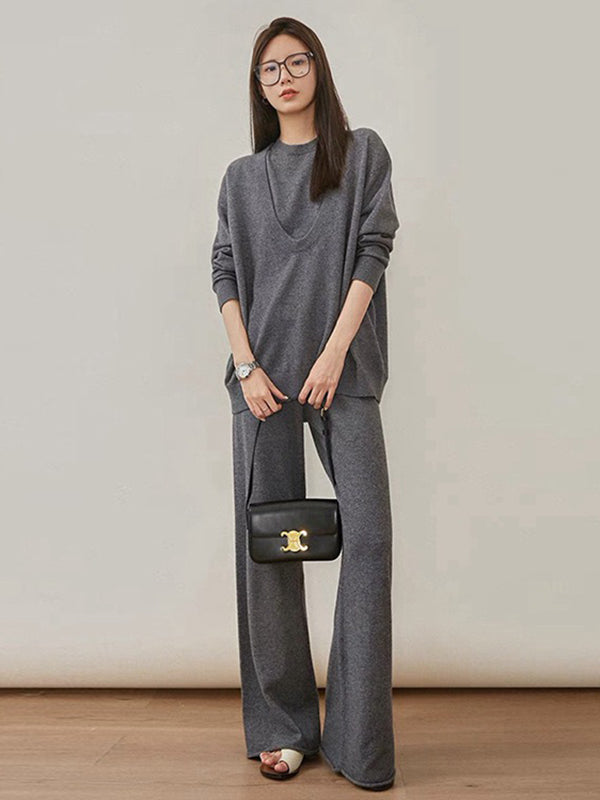 xakxx xakxx-Urban Loose Solid Round-Neck Vest Top& V-Neck Sweater Tops& Wide Leg Pants Three-Piece Set