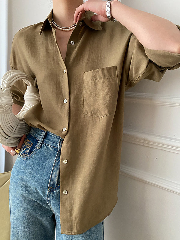 xakxx Solid Color Lapel Blouses&Shirts Tops