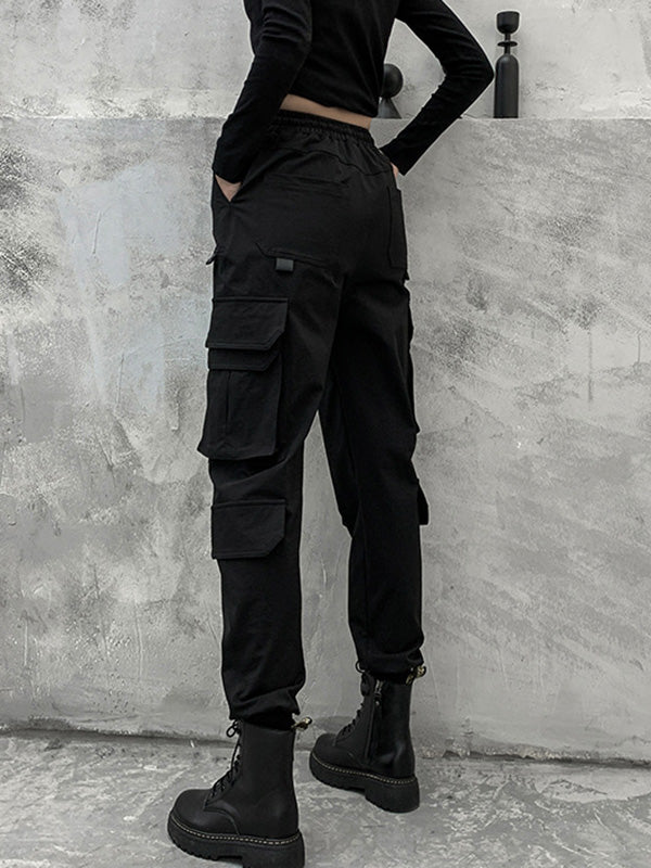 xakxx Stylish Drawstring Punk Empire Black Casual Overalls Pants