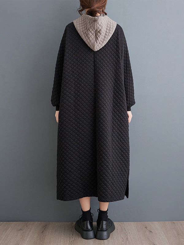 xakxx A-Line Long Sleeves Hooded Quilted Split-Side Midi Dresses