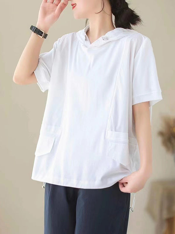 xakxx Loose Short Sleeves Solid Color Hooded T-Shirts Tops