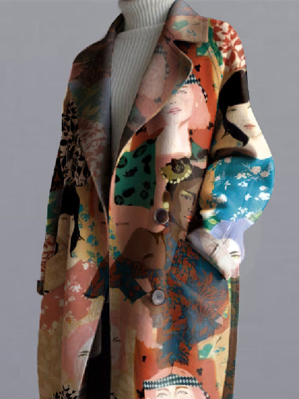 xakxx Long Sleeves Buttoned Figure Printed Notched Collar Woolen Coat