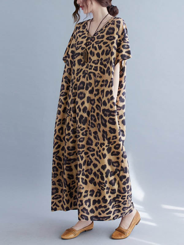 xakxx Loose Leopard V-Neck Batwing Sleeves Maxi Dress