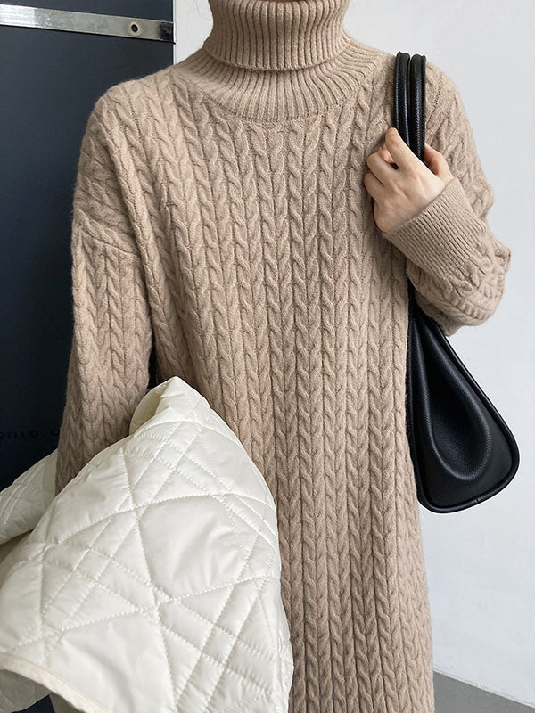 xakxx Stylish Loose Long Sleeves Solid Color High-Neck Twist Sweater Dresses
