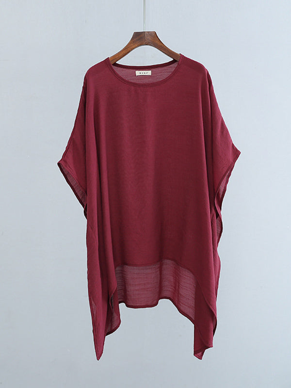 xakxx Half Sleeves High-Low See-Through Solid Color Round-Neck Blouses