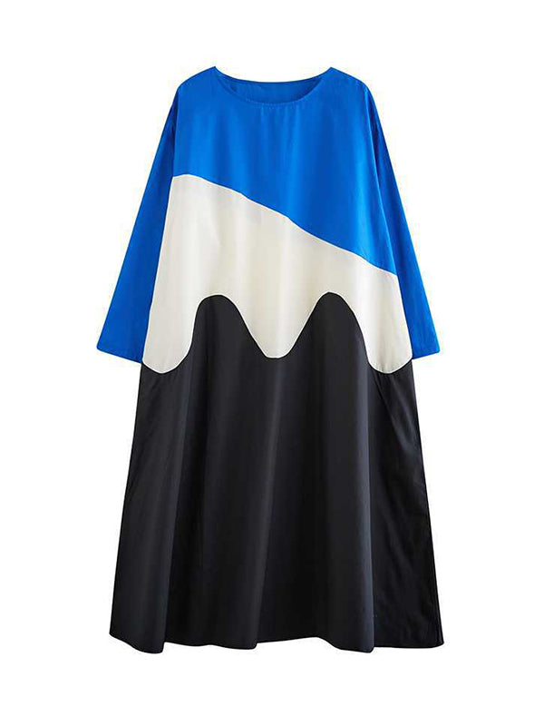 xakxx A-Line Long Sleeves Contrast Color Round-Neck Midi Dresses