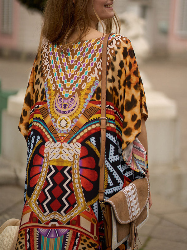 xakxx Batwing Sleeves Loose Leopard Printed Split-Side V-Neck Beach Cover-Up Maxi Dresses