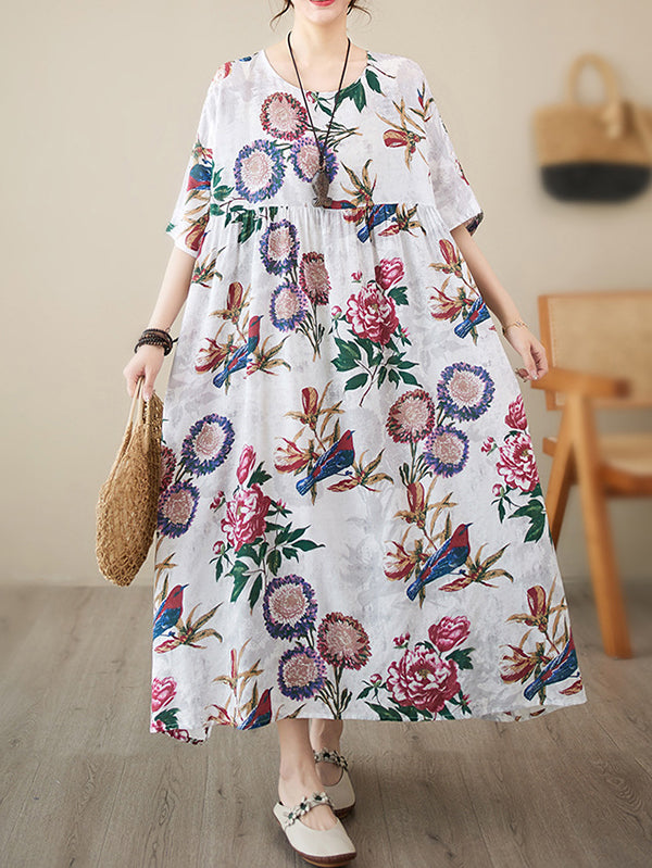 xakxx Batwing Sleeves Loose Pleated Split-Joint Round-Neck Midi Dresses