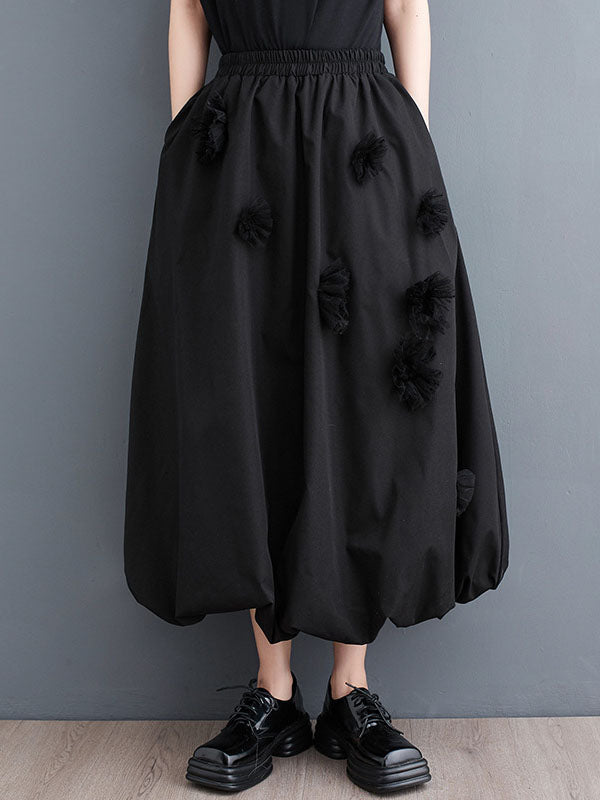 xakxx Loose Flower-Embellished Elastics Solid Color Skirts Bottoms