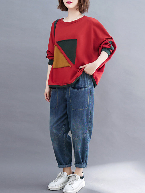 xakxx Artistic Retro Loose Triangle Applique Contrast Color Round-Neck Long Raglan Sleeves Sweatshirt