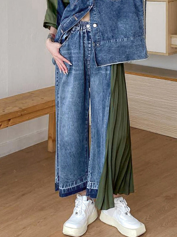 xakxx Loose Ninth Pants Contrast Color Pleated Split-Joint Jean Pants Bottoms