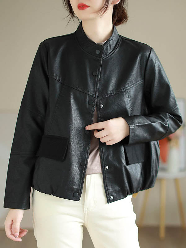 xakxx Long Sleeves Loose Buttoned Pleated Pockets Split-Joint Stand Collar Jackets Outerwear
