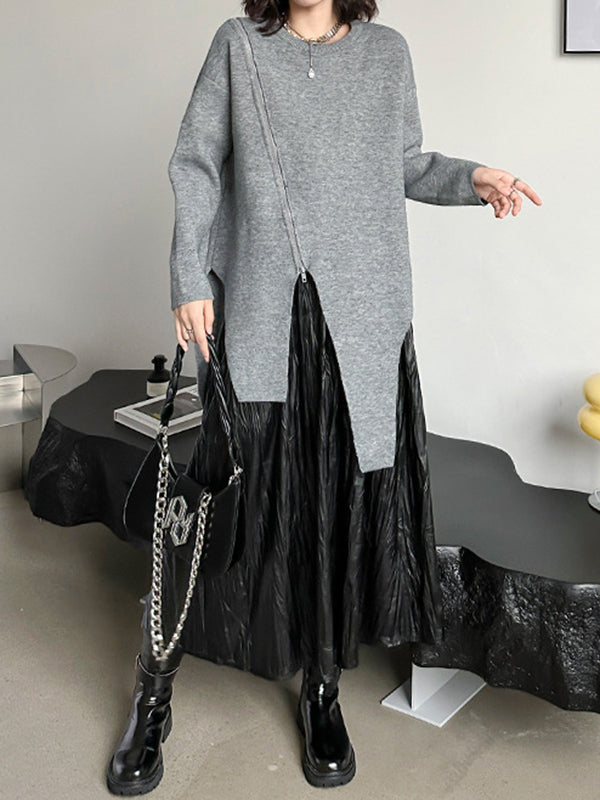 xakxx High-Low Long Sleeves Asymmetric Solid Color Zipper Round-Neck Pullovers Sweater Tops