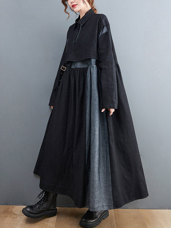 xakxx Original Loose Denim Split-Joint Tied Lapel Collar Long Sleeves Midi Dress
