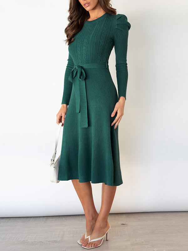 xakxx High Waisted Long Sleeves Solid Color Tied Waist Round-Neck Midi Dresses Sweater Dresses
